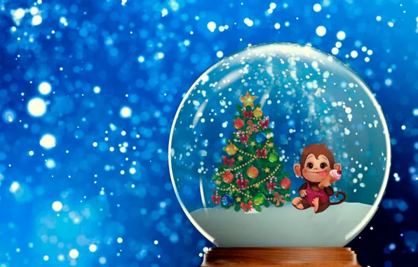 Картинка снег, новый год, шар, обезьяна, елочка