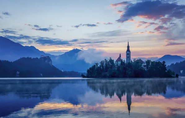 Горы, озеро, отражение, остров, церковь, Словения, Lake Bled, Slovenia