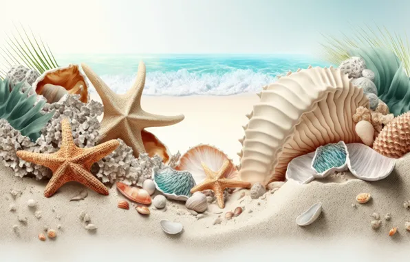 Море, пляж, океан, берег, ракушка, ракушки, морская звезда, морские ракушки