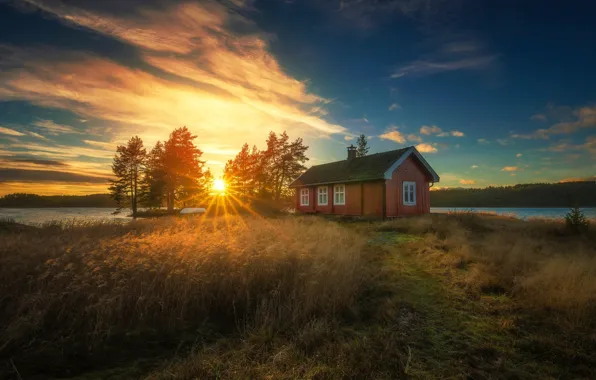 Картинка лес, небо, солнце, лучи, озеро, дом, рассвет, Норвегия