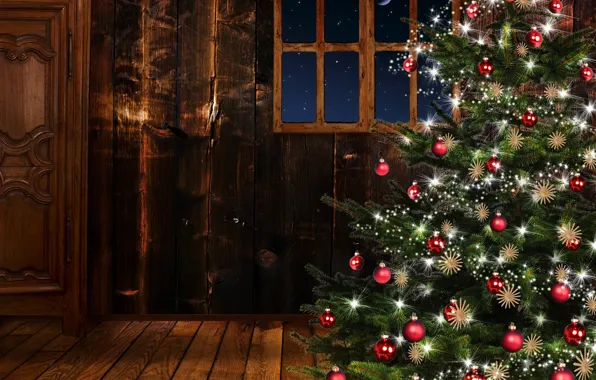 Комната, елка, рождество, окно, Новый год
