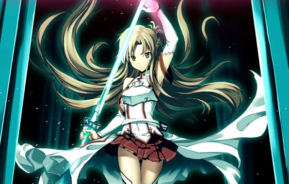 Картинка девушка, оружие, меч, аниме, арт, колонны, sword art online, yuuki asuna
