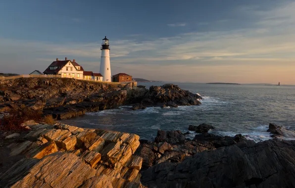 Скалы, маяк, дома, утро, США, United States, штат, Maine