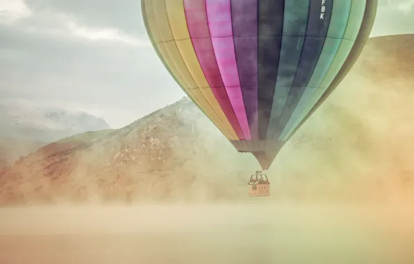 Mountains, lake, fog, balloon, extreme sport