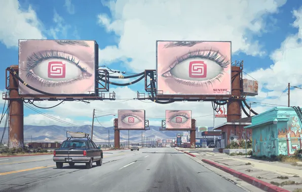 Картинка дорога, глаза, горы, автомобили, постройки, billboards