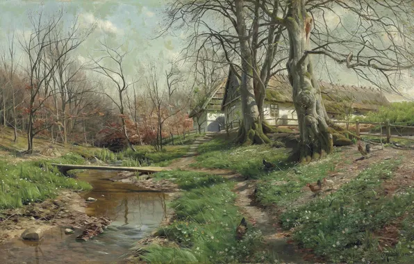 Картинка датский живописец, 1904, Петер Мёрк Мёнстед, Peder Mørk Mønsted, Farmstead by a river, Усадьба у …