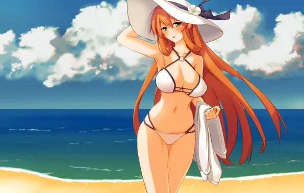 Girl, sexy, cleavage, beach, long hair, sea, boobs, anime