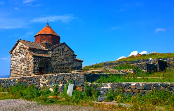 Небо, город, камни, Церковь, Armenia, Севанаванк, Севан