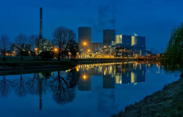Картинка ночь, огни, Германия, канал, Хамм, атомная электростанция
