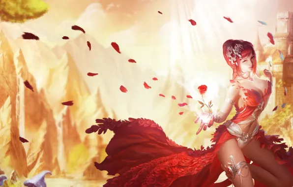 Девушка, игра, роза, лепестки, персонаж, amora, League of Angels, взглчд