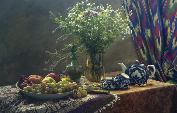 Цветы, стол, яблоки, букет, чайник, тарелка, виноград, нож