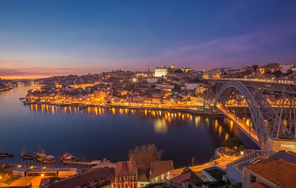 Мост, город, огни, река, рассвет, Portugal, Porto