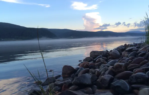 Трава, вода, пейзаж, закат, туман, река, камни, вечер