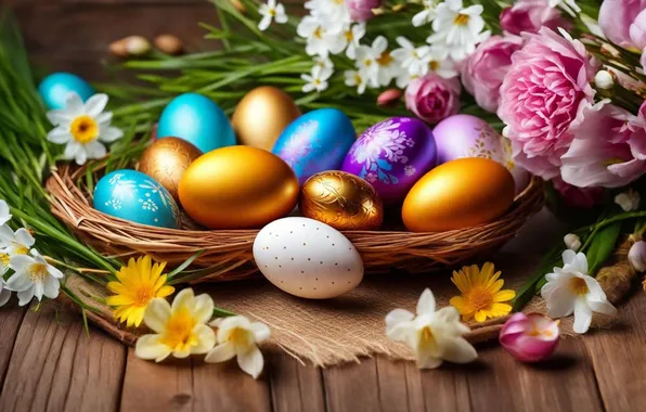 Картинка цветы, яйца, весна, colorful, Пасха, happy, flowers, spring