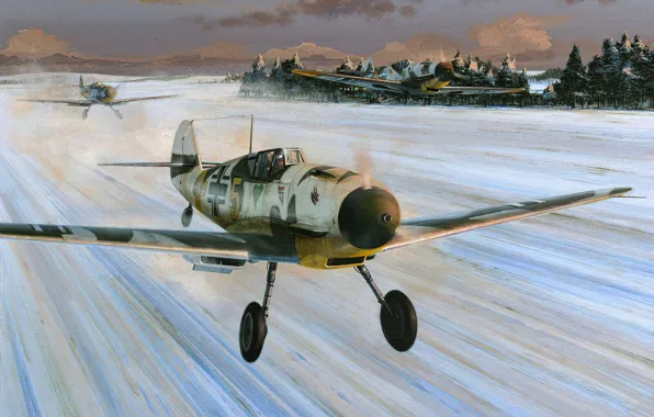 Картинка war, art, airplane, aviation, bf-109, ww2