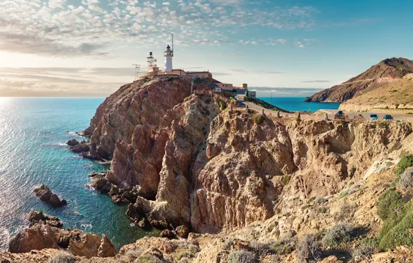 Road, lighthouse, cliff, vehicles