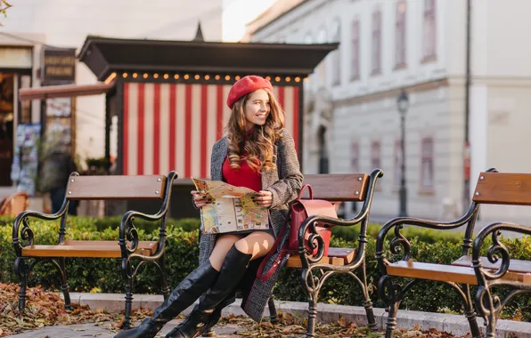 Картинка girl, young, coat, bench, boots, long-haired, beret