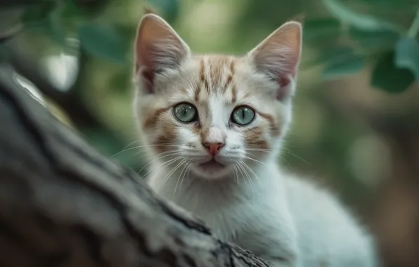Кошка, кот, взгляд, листья, природа, котенок, дерево, портрет