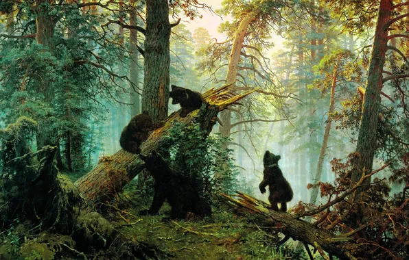 Лес, медведи, медвежата, играют, Иван Шишкин, Утро в сосновом бору