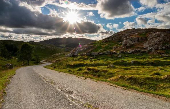 Картинка дорога, небо, солнце, облака, Норвегия