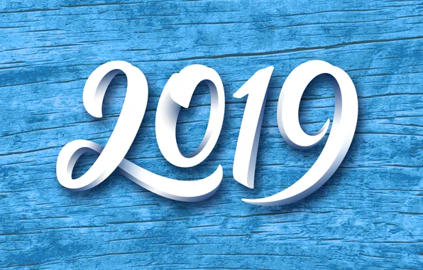 Новый Год, цифры, wood, blue, background, New Year, Happy, 2019