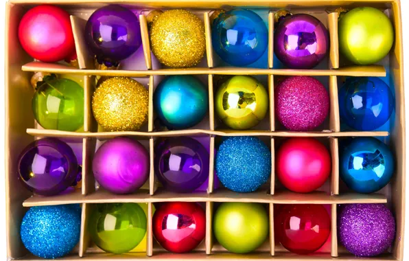 Украшения, коробка, шары, игрушки, Новый Год, Рождество, Christmas, разноцветные