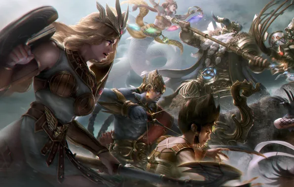 Оружие, доспехи, воины, схватка, Smite- 5 VS 5 battle