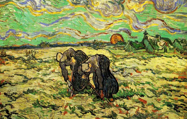 Картинка солнце, облака, Vincent van Gogh, женщины работают в огороде, Two Peasant, Women Digging in, Field …