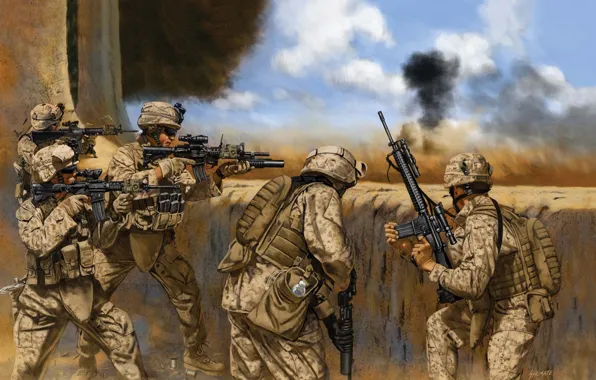 Картинка оружие, рисунок, бой, арт, солдаты, США, винтовка, экипировка