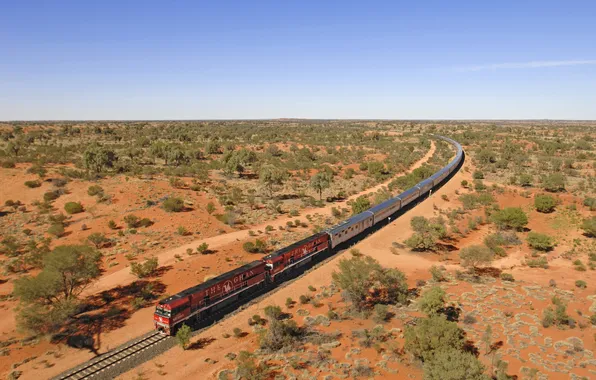 Картинка пустыня, вагоны, Австралия, железная дорога, тепловоз, пассажирский поезд, The Ghan