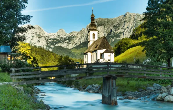 Картинка фото, Мост, Город, Река, Германия, Бавария, Церковь, Храм