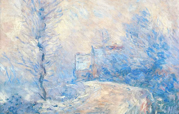 Картинка зима, пейзаж, картина, Клод Моне, Вход в Живерни под Снегом