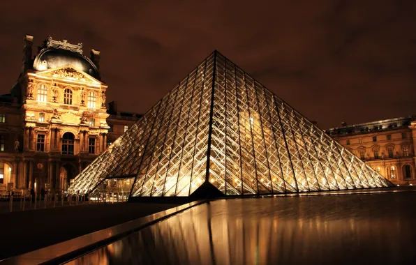 Ночь, париж, музей, франция, лувр