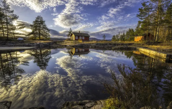 Облака, деревья, озеро, отражение, дома, Норвегия, Norway, Рингерике