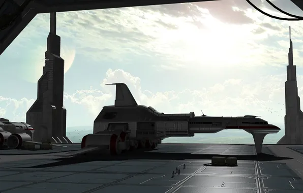 Sky, clouds, spaceship, port, towers, the dock