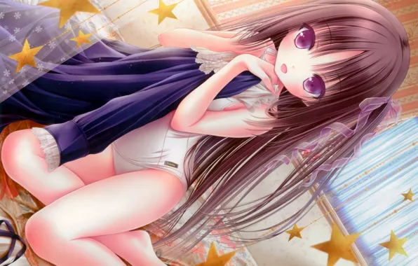 Girl, sexy, long hair, brown hair, anime, beautiful, purple eyes, pretty