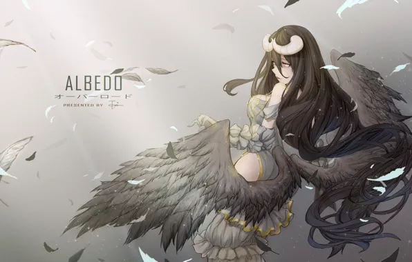 Девушка, крылья, аниме, перья, арт, рога, albedo, overlord