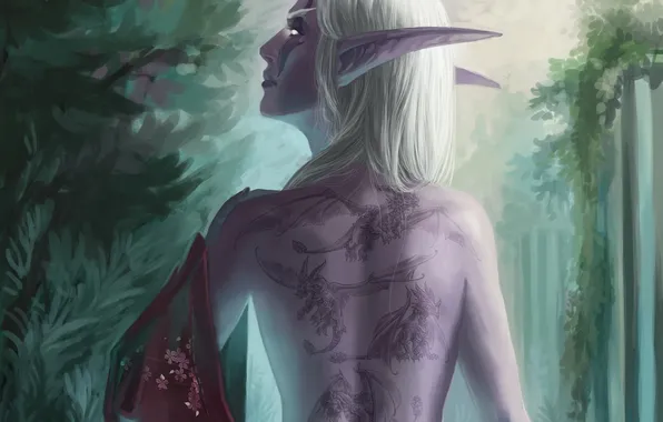 Картинка девушка, эльф, драконы, тату, арт, ткань, эльфийка, уши