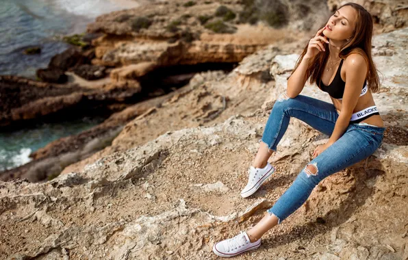 Girl, beautiful, jeans, sweet, long-haired, sneakers, tank top, polina frolova