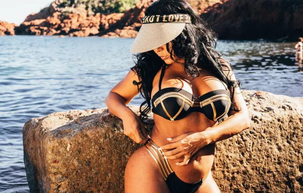 Girl, black, sea, bikini, brunet