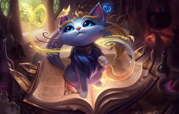 Картинка fantasy, game, magic, cat, blue eyes, League of Legends, book, digital art