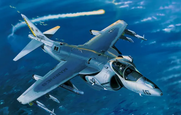 Art, airplane, painting, aviation, jet, McDonnell Douglas AV-8B Harrier II