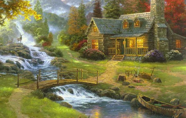 Картинка лес, природа, туман, дом, река, лодка, рисунок, гитара