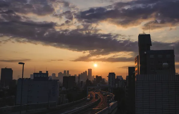 Japan, road, cars, clouds, morning, dawn, Sunrise, buildings