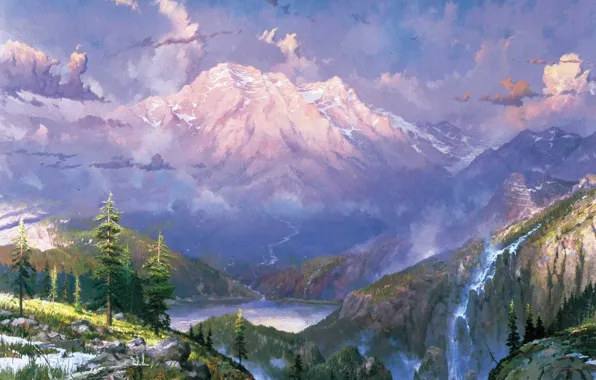 Картинка снег, пейзаж, горы, природа, озеро, водопад, сумерки, живопись
