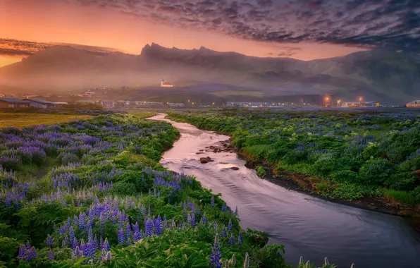 Iceland, Vik Church, midnight light