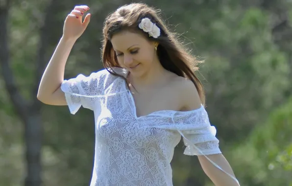 Happy, cleavage, flower, trees, brown hair, woman, young, smile