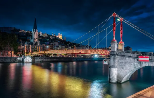 Картинка мост, огни, река, Франция, вечер, Лион