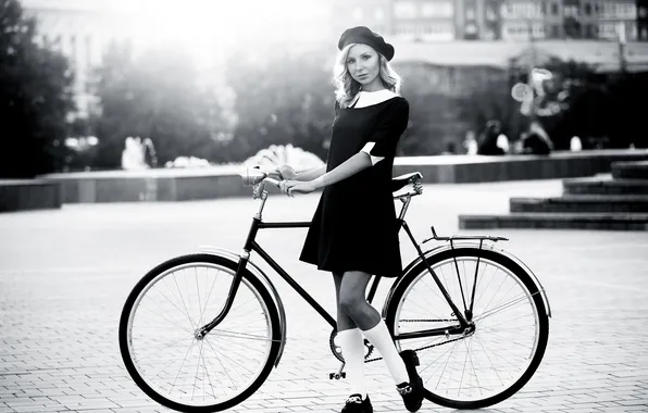 Girl, dress, bike, beautiful, model, cute, beret, knee socks