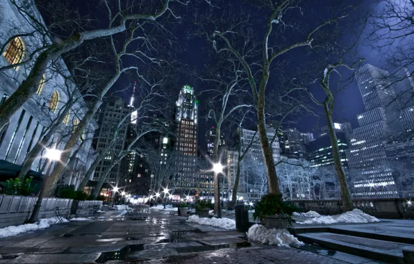 Картинка зима, ночь, город, огни, нью йорк